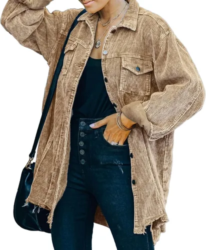 Vista 6 de Hixiaohe Chaqueta Camisa de Pana con Botones Holgada Casual para Mujer Abrigo Lavado Retro Shacket Verde militar
