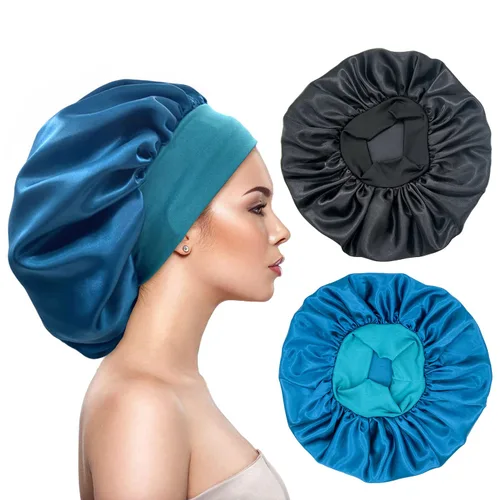 Vista 10 de 2 gorros grandes de seda satinada para dormir, gorros de banda ancha elástica para trenzas de mujeres negras, gorras de seda para dormir nocturnas