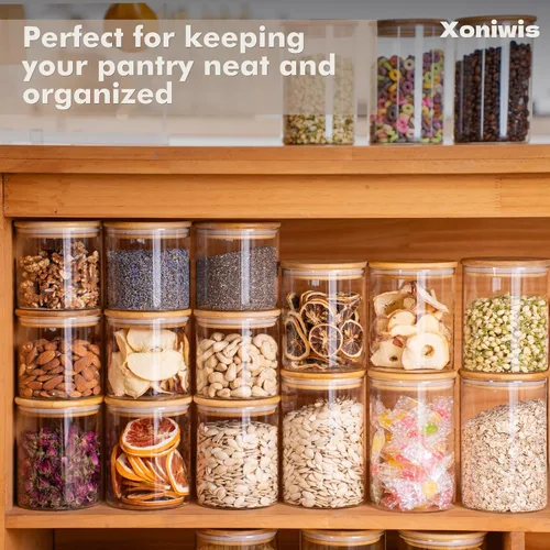 Vista 8 de Paquete de 6 tarros pequeños redondos de vidrio de 0.6 cuartos de galón con tapas de bambú Minimalist Kitchen Organizer,Pantry Storage