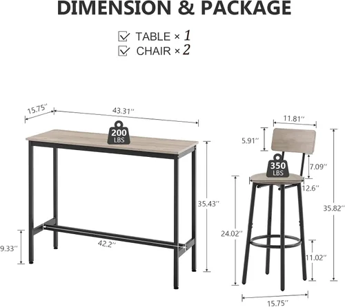 Vista 3 de Juego de mesa y silla de bar industrial para 2 mesas y taburetes de altura de mostrador con respaldo, mesa de comedor rectangular, juego de 3