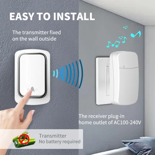 Vista 3 de Timbre inalámbrico autoalimentado, negro IP66 resistente al agua, no requiere batería, rango de 500 pies/492.1 ft, campanillas personalizadas, kit