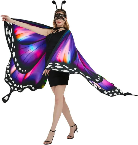 Vista 4 de Disfraz de mariposa de Halloween para mujeres y niñas, tamaño grande, alas de mariposa reversibles de doble cara para adultos y niños