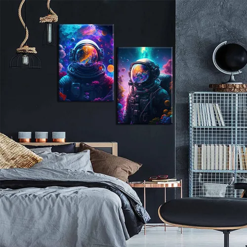 Vista 6 de Arte de pared de astronauta abstracto retro astronauta en el océano, póster colorido y fantástico universo espacial, impresiones de pintura espacial
