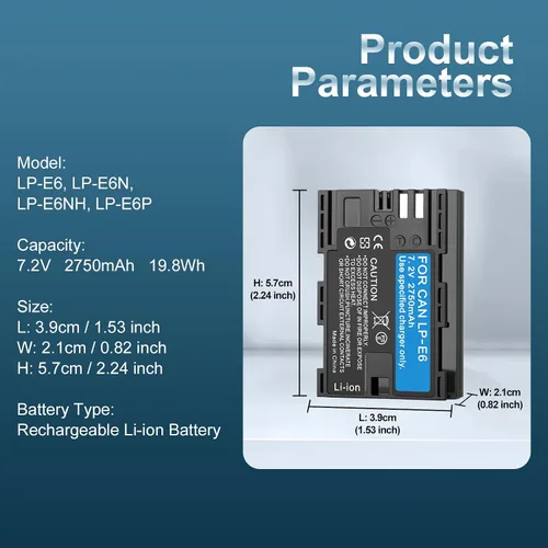 Vista 4 de Paquete de 2 baterías de alta capacidad LP-E6/LP-E6N/LP-E6NH de 2750 mAh para Canon EOS R Series (R,R5,R6 Mark II,R5C,R6,R6II,R7), Serie 5D
