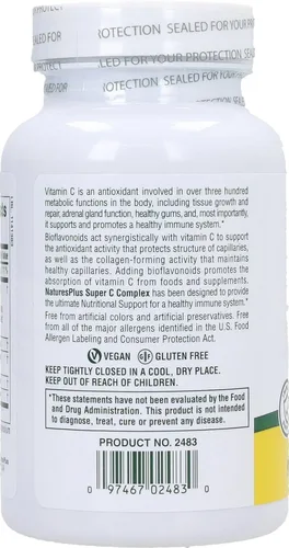 Vista 4 de NaturesPlus Super C Complex - 90 cápsulas - 1000 mg de vitamina C + 500 mg de bioflavonoides - Vegetariano, sin gluten - 45 porciones