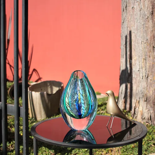 Vista 4 de Ca D Oro - Florero de cristal con bastones azules y verdes, soplado a mano, estilo Murano, modelo bajo