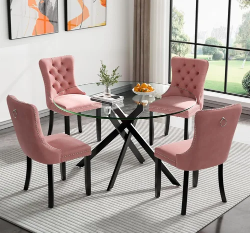 Vista 58 de Juego de mesa de comedor SSLine moderno de 3 piezas con mesa redonda de vidrio para 2, lujosa mesa de comedor circular de 36" con tapa de vidrio