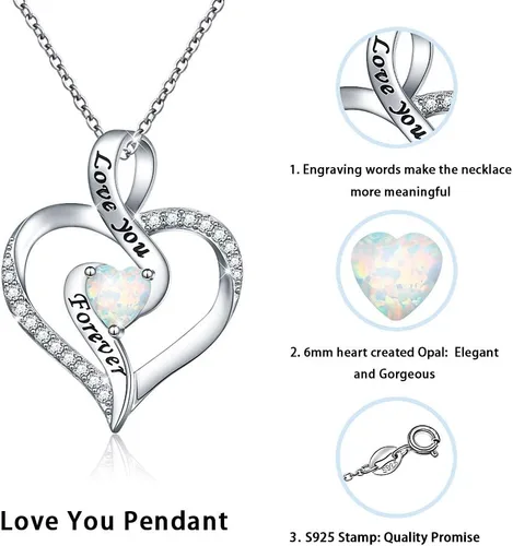 Vista 3 de Collar de corazón de ópalo para mujeres y niñas, joyería de plata de ley 925, colgante de medallón grabado con texto en inglés "I Love You", regalos