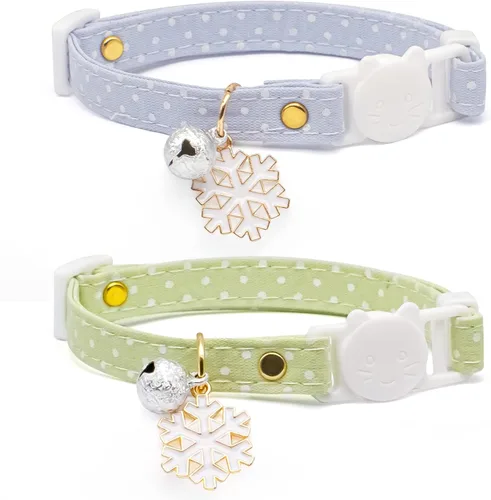 Vista 9 de Paquete de 2 Collares para Gatos Separables de Algodón con Campana Azul Oscuro y Azul Claro con Colgante de Copo de Nieve Blanco Lindo Collar