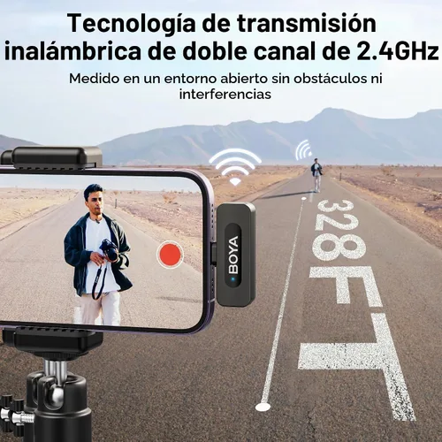 Vista 3 de BOYA by-V1 Micrófonos inalámbricos para iPhone iPad con puerto Lightning certificado MFi, rango de 328 pies, vida de batería de 9H, reducción