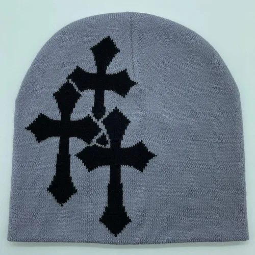 Vista 4 de Y2K Gorro de punto con gráficos cruzados para hombres y mujeres, jacquard, punk, color sólido, sombrero de tendencia para deportes al aire libre