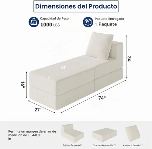 Vista 2 de Living&Giving Sofá seccional en forma de nube para sala de estar, sofá modular sin huesos con 1 otomano, el asiento central se puede combinar