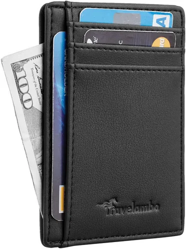 Vista 5 de Travelambo Bolsillo frontal Minimalista Cuero Slim Cartera RFID Bloqueo