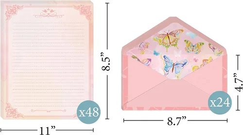 Vista 3 de Anzon Mories Juego de papelería de 72 piezas (48 hojas de papel y 24 sobres) de 8.5 x 11 pulgadas, letras gruesas de acuarela rosa para niñas, papel