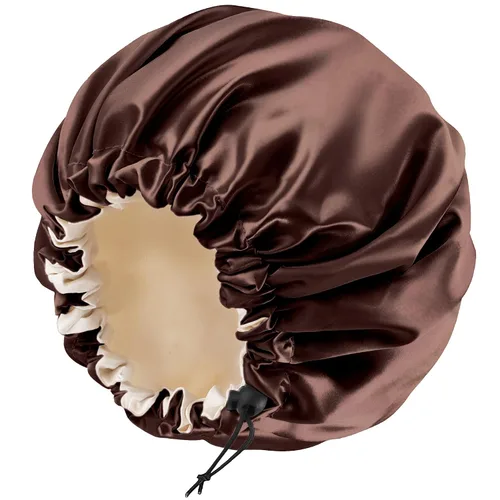 Vista 30 de Gorro de seda de satén para cabello rizado, gorro trenzado para dormir, para mujer, grande, doble capa ajustable (2 unidades, negro) Double Layer