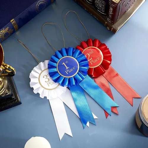 Vista 5 de MTLEE - Juego de 3 piezas de roseta de cinta de satén para participación, insignia de premios honoríficos, premios azules, rojos y blancos, medallas