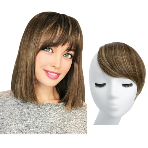 Vista 20 de SARLA Flequillo lateral negro marrón con clip en piezas de cabello sintético, extensión de flequillo recto para mujeres