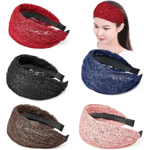 Vista 8 de DORIS&JACKY Diademas anchas de encaje y bandas elásticas grandes antideslizantes con dientes, 5 accesorios para la cabeza para mujeres y niñas