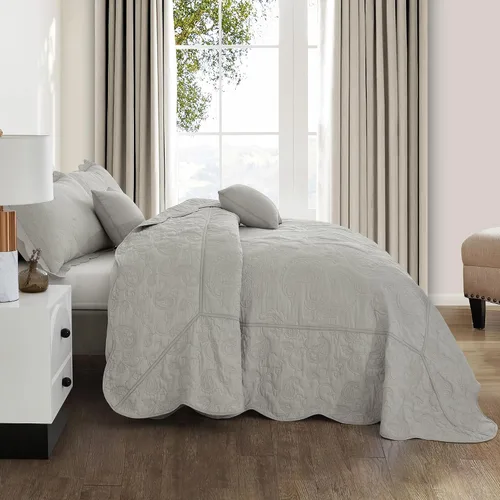 Vista 4 de Colcha Queen de Algodón de Tamaño Grande, Diseño de Patrón Paisley Reversible, Cobertor de Cama Ligero, Juego de 5 Piezas - Queen, Gris Generous