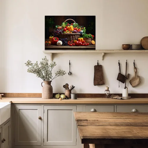 Vista 5 de QIXIANG Arte de pared de frutas y verduras coloridas impresiones en lienzo de comida en la canasta, cocina, restaurante, decoración de pared