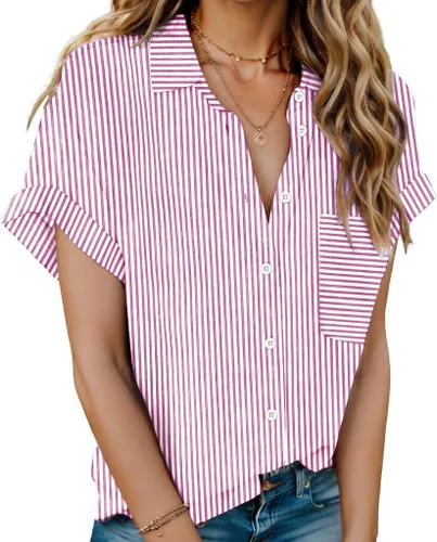 Vista 8 de HOTOUCH Camisas de Lino para Mujer con Botones Blusas de Manga Corta de Algodón Cuello en V con Cuello Tops de Gasa con Botones S-3XL