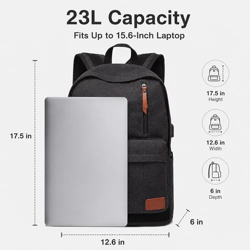 Vista 3 de Mochila de lona para laptop, mochila escolar impermeable con carga USB, 17.32in X 12.6in X 6.0in, Mochilas Daypack