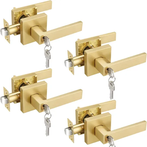 Vista 11 de EHOMEWARE - Juego de manijas de puerta delantera doble de latón, manija de puerta de latón cuadrado resistente en oro y cerradura de un solo