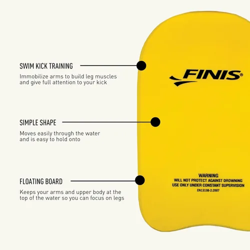 Vista 4 de FINIS Tabla de espuma para entrenamiento de natación, fortalece las piernas, espuma EVA suave, agarre cómodo, color amarillo