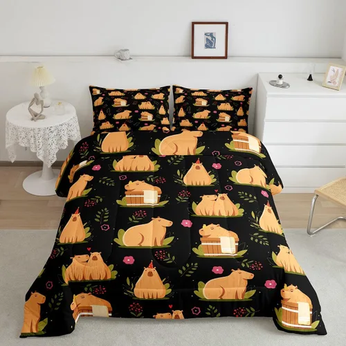 Vista 16 de Feelyou Juego de edredón de dibujos animados de Capybara, tamaño individual con 1 funda de almohada, juego de ropa de cama con estampado de Multi 02
