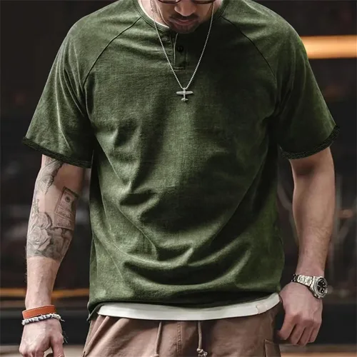 Vista 3 de Men's Oversized T-Shirts Acid Wash Short Sleeve Henley Shirt Regular Fit Raglan Sleeve Retro Distressed Athletic Tops