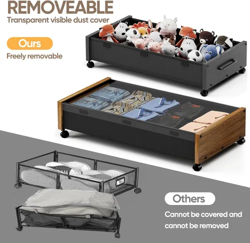 Vista 5 de KITHELP Almacenamiento de madera debajo de la cama con ruedas, contenedores de almacenamiento rodantes debajo de la cama con tapa extraíble, cajones