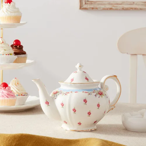 Vista 5 de Gracie China - Tetera vintage de porcelana azul rosa (5 tazas)