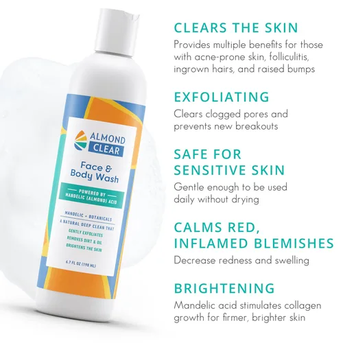 Vista 2 de Almond Clear Jabón facial y corporal Cuidado de la piel para la piel propensa al acné y a la foliculitis – Suave gel facial y corporal, limpiador