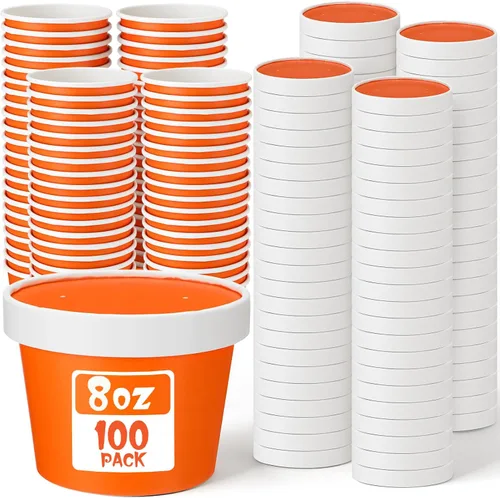Vista 15 de Fulmoon Paquete de 100 recipientes de papel para sopa con tapas, recipientes de papel desechables para alimentos con tapa ventilada, tazas de postre