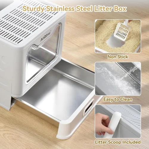 Vista 3 de AiQInu Caja de arena plegable de acero inoxidable para gatos con tapa y cuchara, caja de arena de metal cerrada grande con lados altos, antifugas