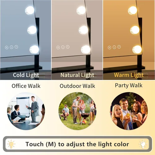 Vista 2 de Kotdning Espejo de tocador con luces, espejo de tocador iluminado con 9 bombillas regulables para vestidor y dormitorio, 3 modos de iluminación