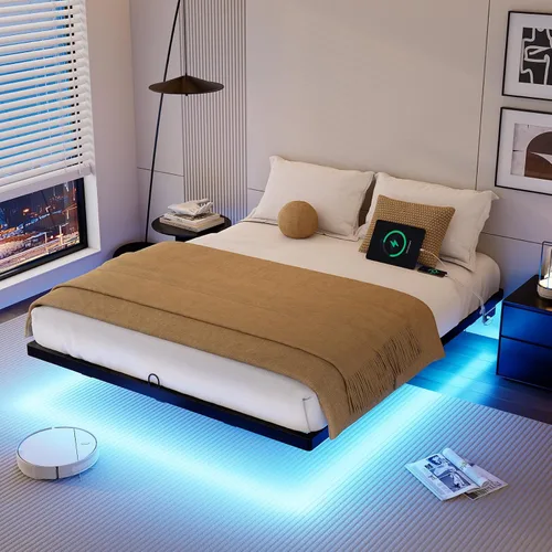 Vista 11 de Base de cama flotante de tamaño individual con luces LED y estación de carga, cama moderna de plataforma de metal, resistente, fácil montaje,