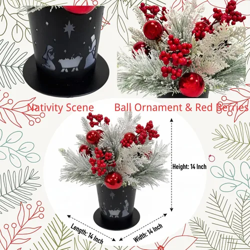 Vista 3 de Centro de Mesa Navideño Iluminado en Maceta de Metal con Temporizador, Escena del Nacimiento Navideño en Base de Metal Negro con Ornamento de Piñas