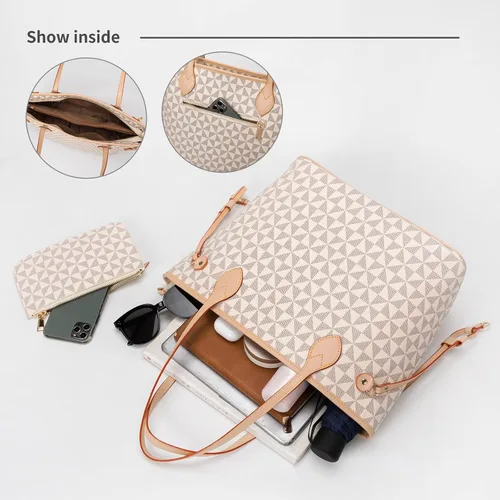 Vista 6 de Bolsos de mano para mujer, bolsos de moda de diseñador con asa superior, 2 piezas, con cartera pequeña (blanco)