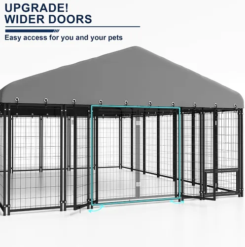 Vista 6 de Perrera grande para perros de 10 x 20 pies, resistente al aire libre con alimentación, jaula duradera para perros con techo y doble cerradura, 120.6