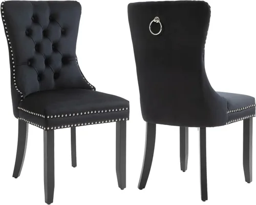Vista 26 de mikibama Juego de 2 sillas de comedor tapizadas de terciopelo con respaldo de ala, sillas de comedor con patas de madera maciza con botón de cabeza