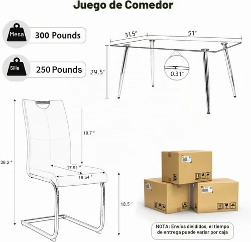Vista 2 de Juego de mesa de comedor moderno de 51 pulgadas para 4 mesas rectangulares de cristal con 4 sillas tapizadas de cuero, asientos 4 ideales para Beige