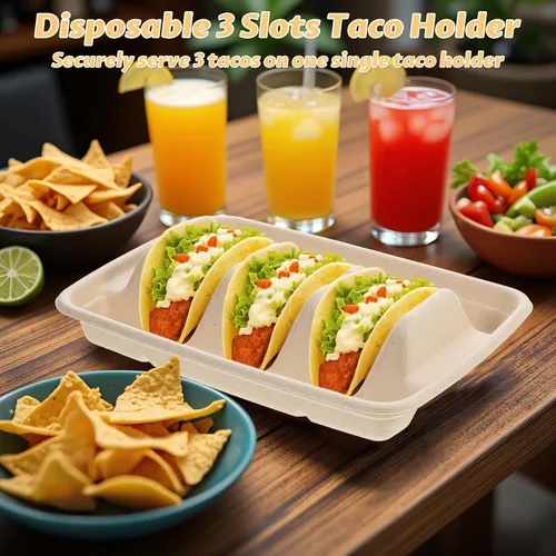 Vista 5 de 150 soportes desechables para tacos para fiestas, platos de taco de pulpa de bagazo de primera calidad, platos de tacos con 3 divisores, soporte