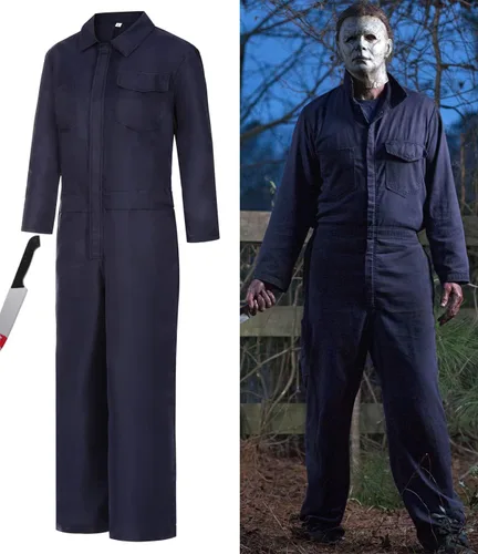 Vista 3 de Disfraz de Michael Myers con cuchillo para adultos, disfraz de Halloween, overol de asesino de terror