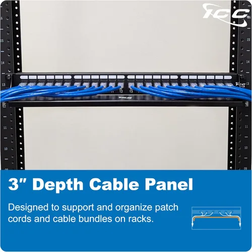 Vista 3 de ICC Panel de soporte para administrador de cables, espacio de montaje en rack de 1U, acabado de recubrimiento en polvo negro, organización de cables