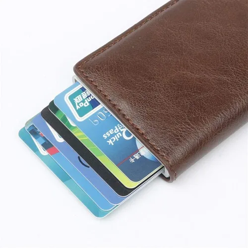 Vista 8 de CHJGLNL Cartera de cuero genuino para hombre, bloqueo RFID, de aluminio, automático, para tarjetas de crédito, café (A-Coffee), Slim