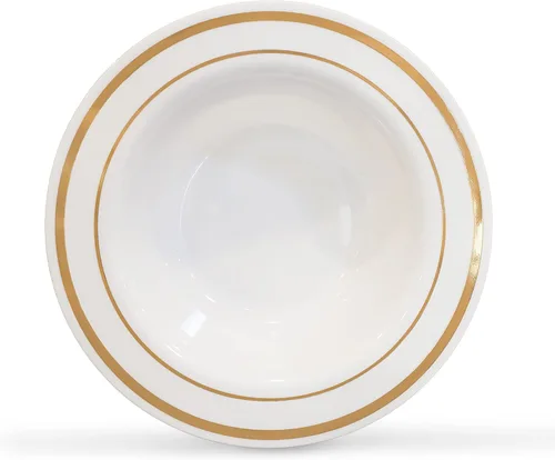 Vista 6 de Oasis Creations Cuencos de marfil con borde dorado, 5 onzas, 50 unidades, plástico duro, desechables o reutilizables, para postres, ensaladas