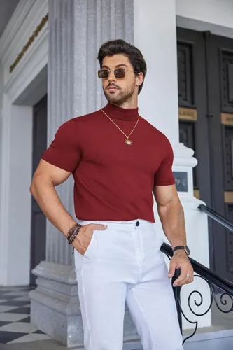 Vista 4 de COOFANDY Suéter de cuello alto falso para hombre, de manga corta, color sólido, básico, ajustado, de punto