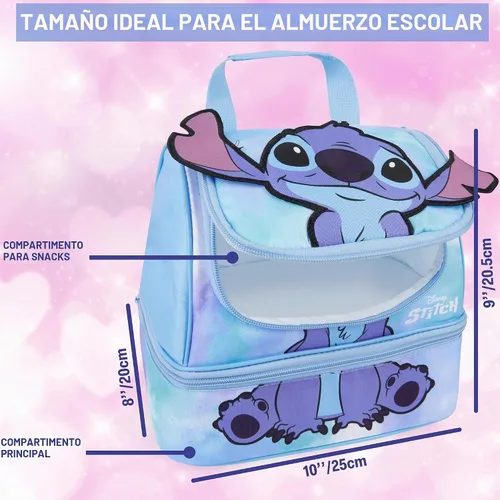 Vista 4 de Get Trend Disney Stitch Girls 3D Insulated Lunch Bag with Two Compartments Reusable Kids Snack Bag, Zipped Cooler Bag with Carry Handle, Picnic Blue