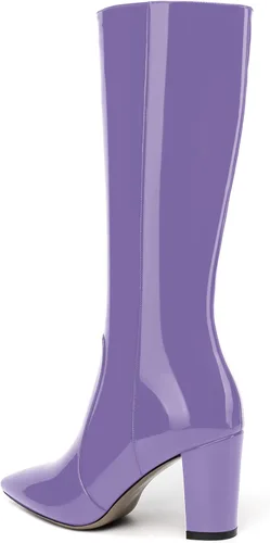 Vista 133 de AMBELIGHT Botas altas hasta la rodilla con cremallera y puntera puntiaguda para mujer, de patente sólida, tacón alto, 3.3 pulgadas